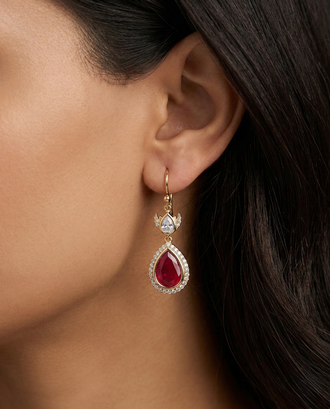 Premium Kundan Teardrop Earrings Green White Red Gold Finish