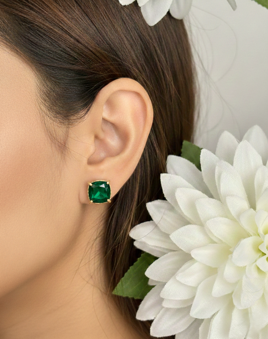 Gold Finish Swarovski Crystal Cushion Stud Earrings