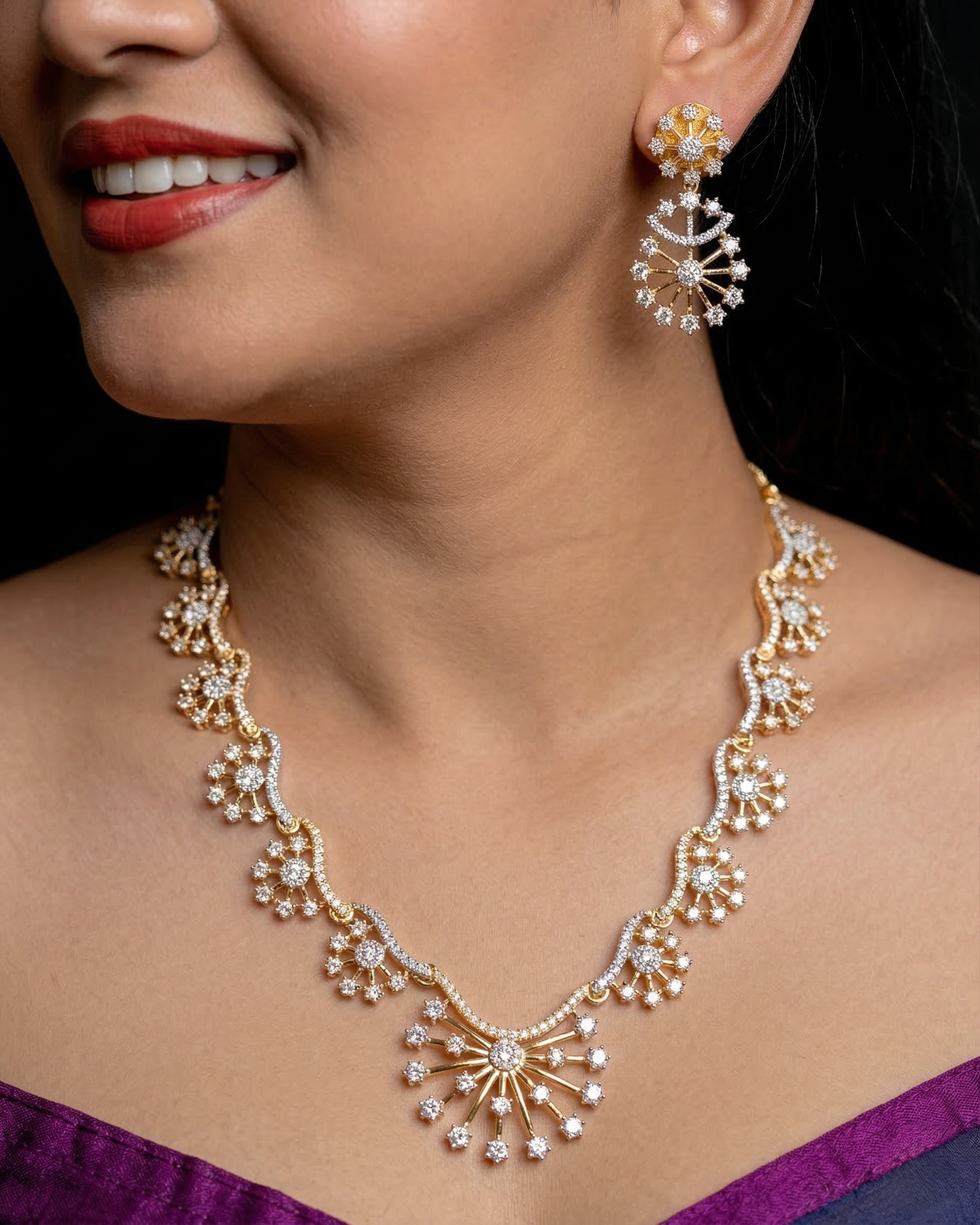 Gold Finish Diamond Look Floral Motif Necklace Set with Earrings
