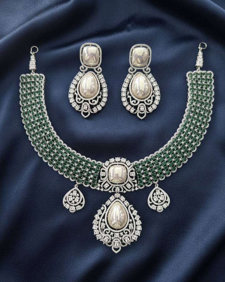 Green Stone American Diamond Pearl Choker Necklace Set