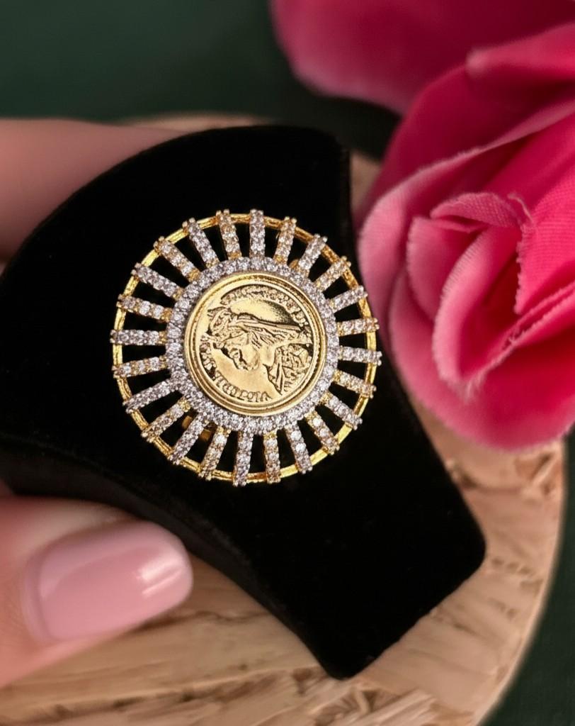 Vintage Coin Medallion Diamond Finish Adjustable Ring for Women