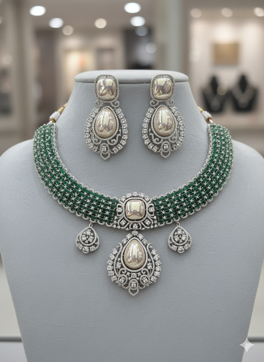 Green Stone American Diamond Pearl Choker Necklace Set