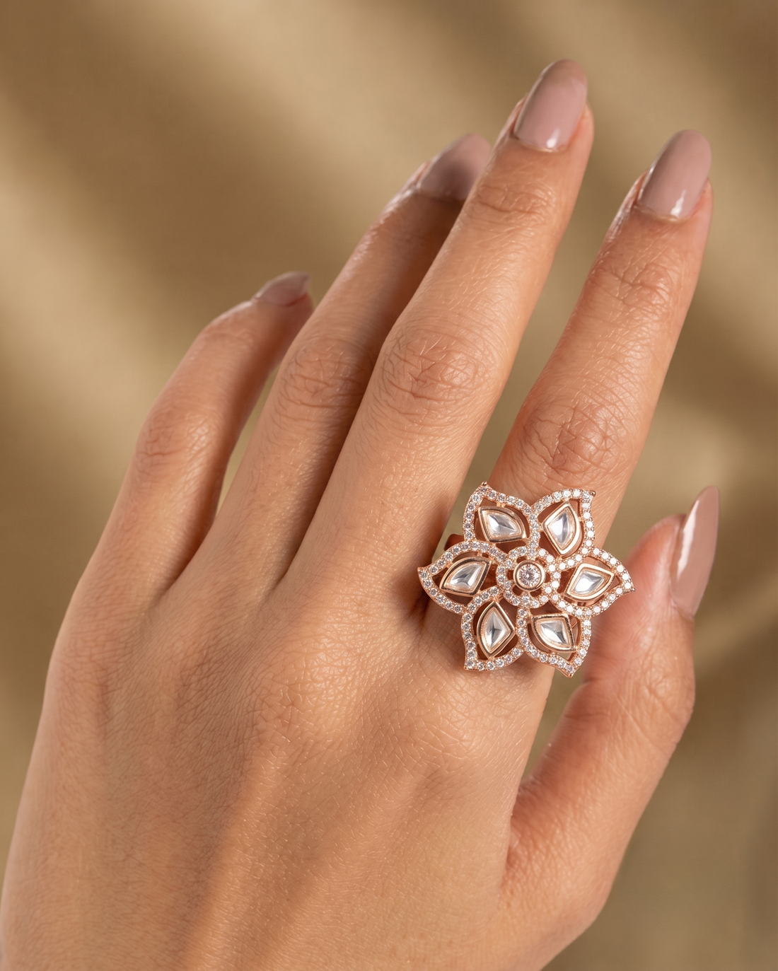 Kumudini Ruby Kundan Ring for Women | Floral Adjustable Statement Ring