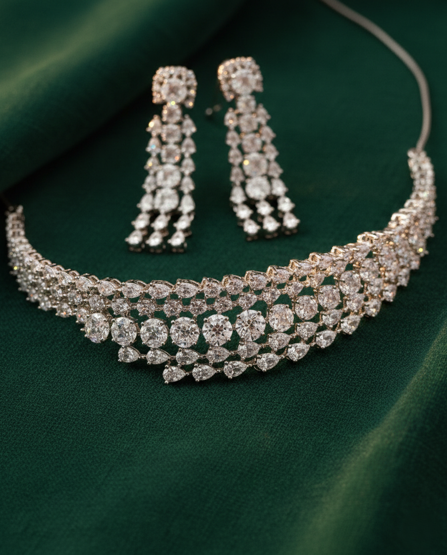 Diamond Look Choker Necklace Set with Long Earrings – Silver Finish