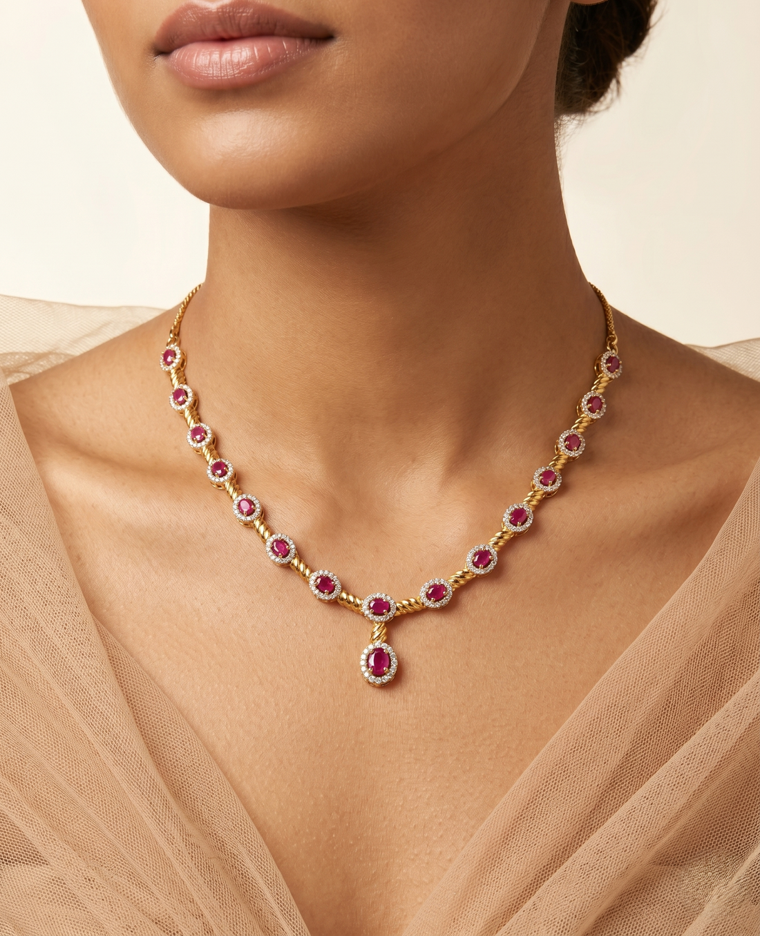 Ruby Red Stone Diamond Necklace Set with Matching Earrings – Gold Polish