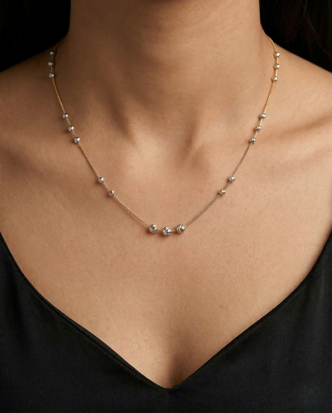 Diamond Cut Beaded Chain Necklace Gold Silver Two Tone Finish
