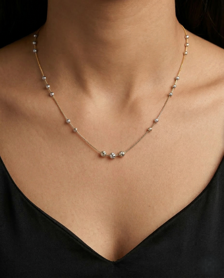 Diamond Cut Beaded Chain Necklace Gold Silver Two Tone Finish