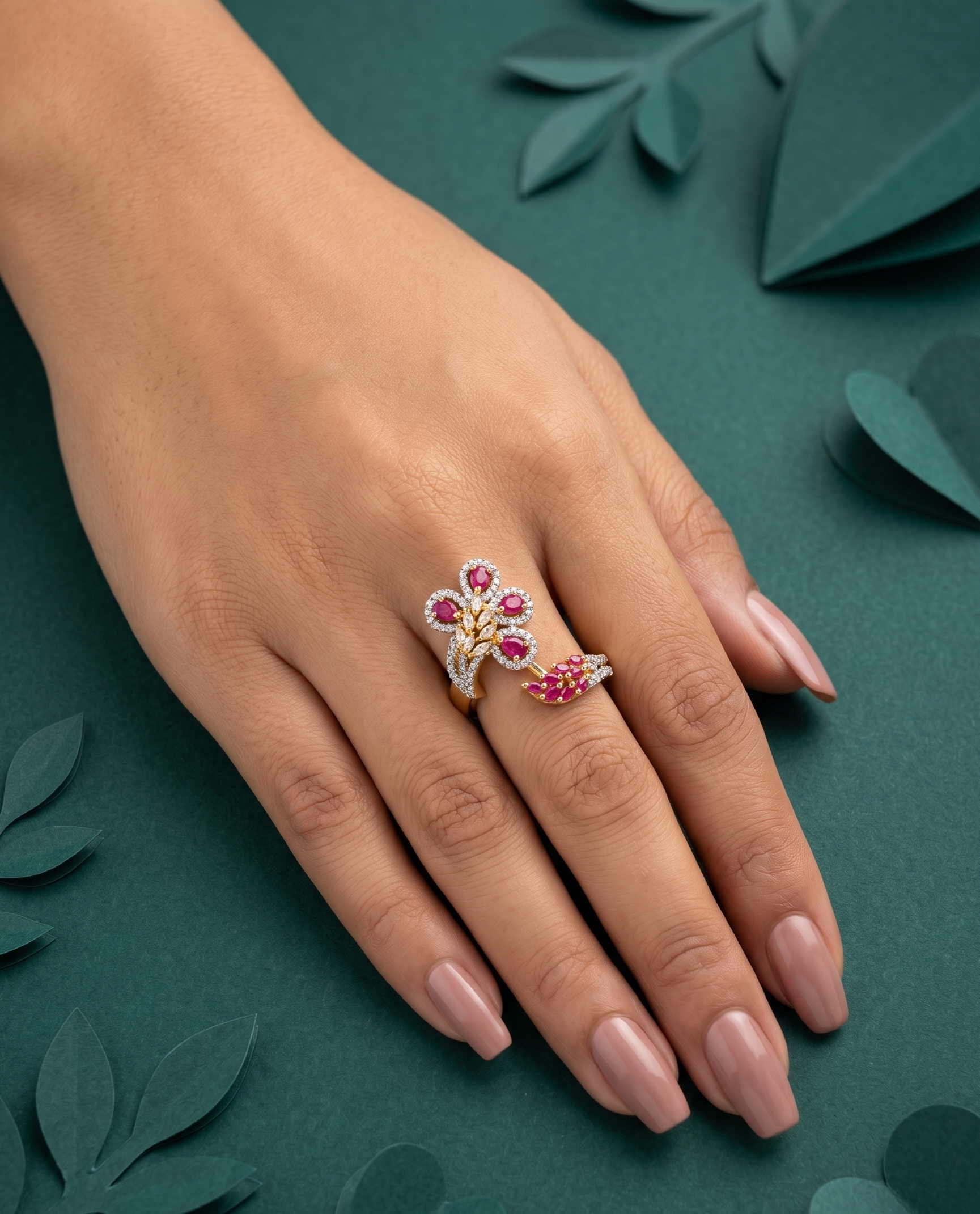 Royal Floral Stone Gold Plated Adjustable Ring (Ruby Red, Diamond White, Emerald Green)