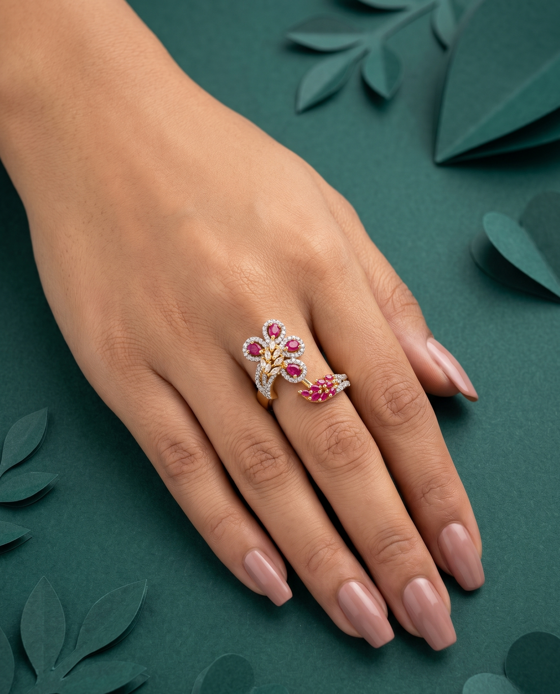 Royal Floral Stone Gold Plated Adjustable Ring (Ruby Red, Diamond White, Emerald Green)