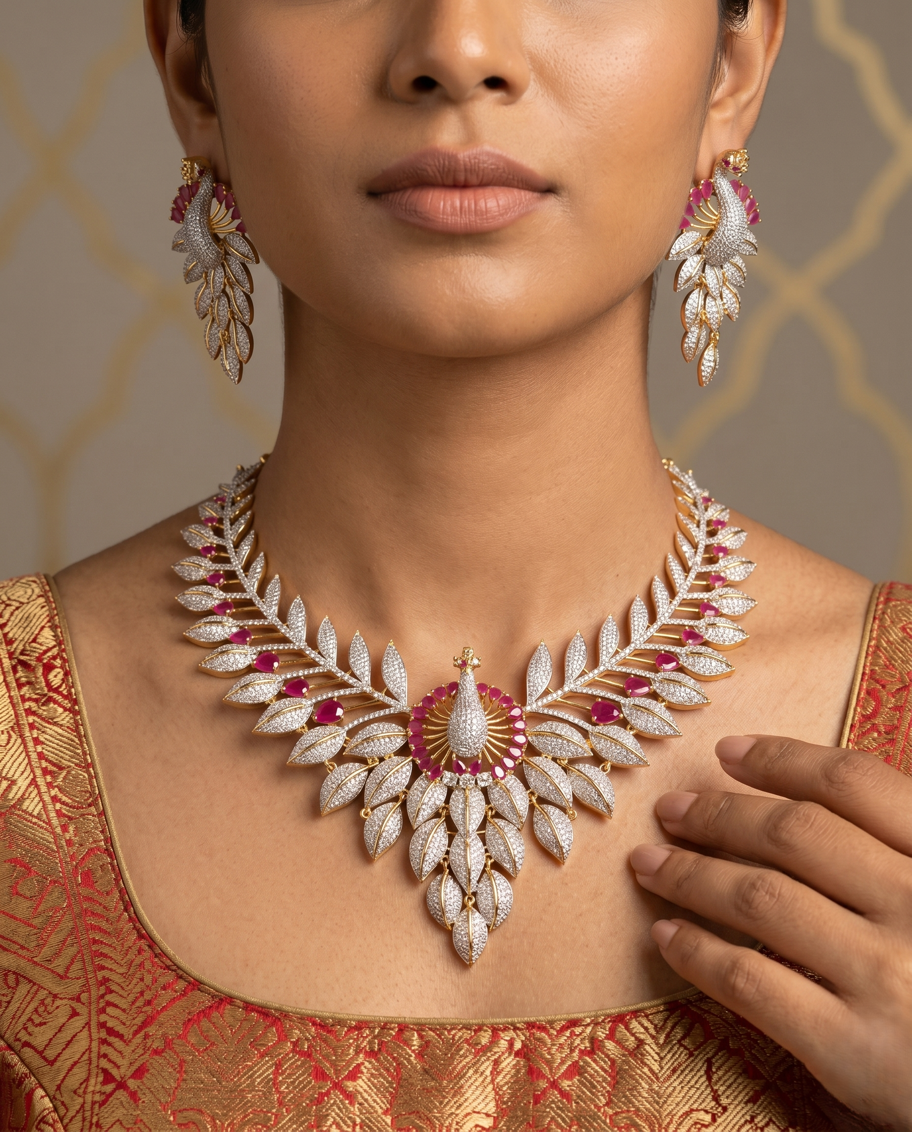 Pink Leaf Design Diamond Style Gold Finish Necklace Set with Matching Earrings