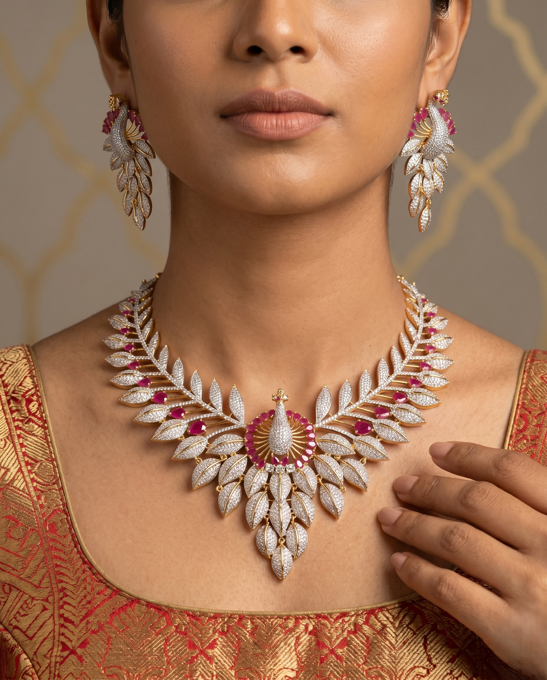 Pink Leaf Design Diamond Style Gold Finish Necklace Set with Matching Earrings
