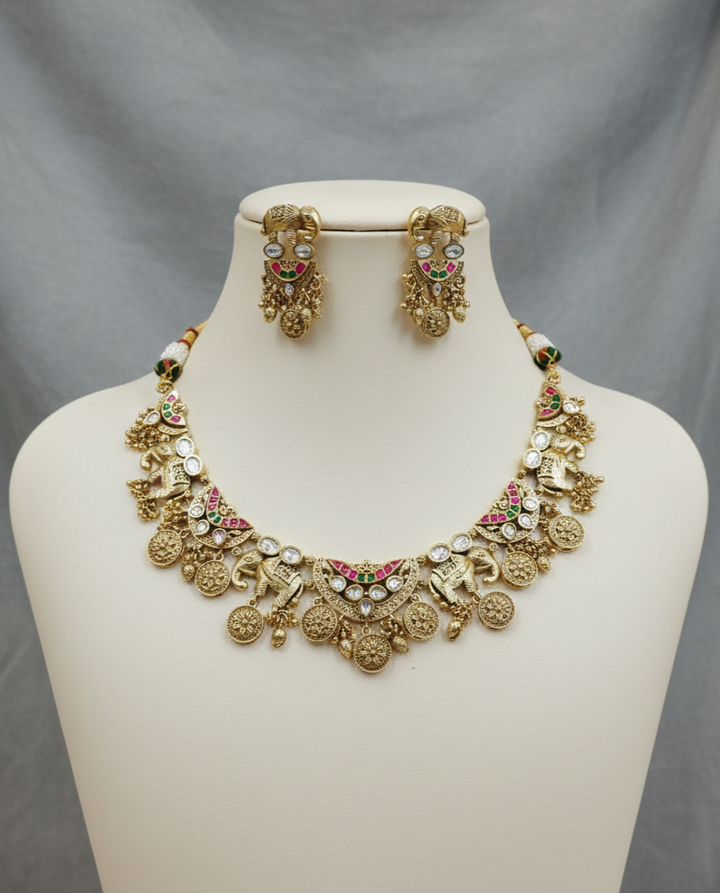 Antique Gold Elephant Motif Temple Necklace Set with Kundan & Meenakari