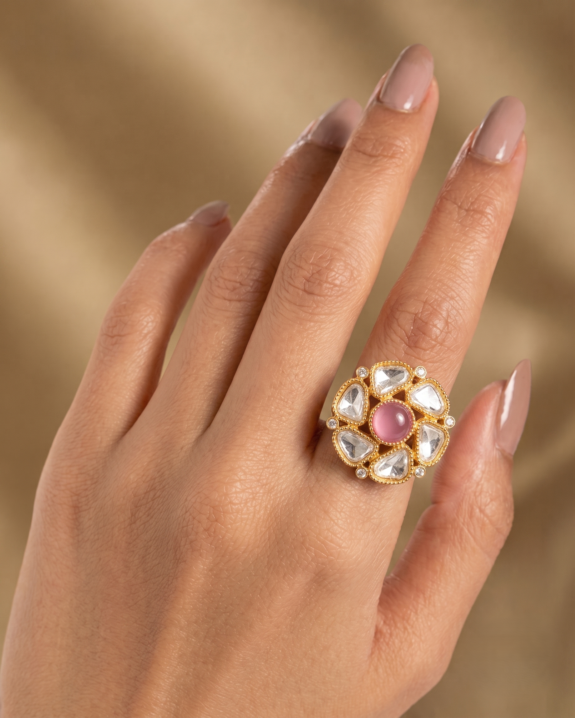 Zarika Emerald Kundan Ring for Women | Adjustable Floral Statement Ring