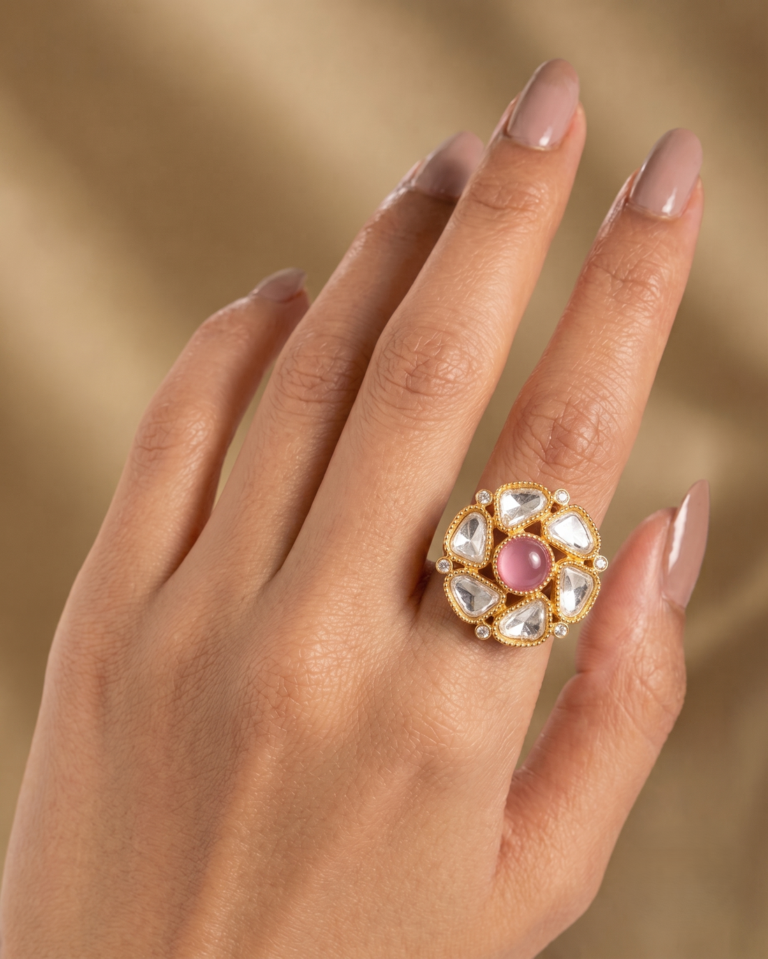 Zarika Emerald Kundan Ring for Women | Adjustable Floral Statement Ring