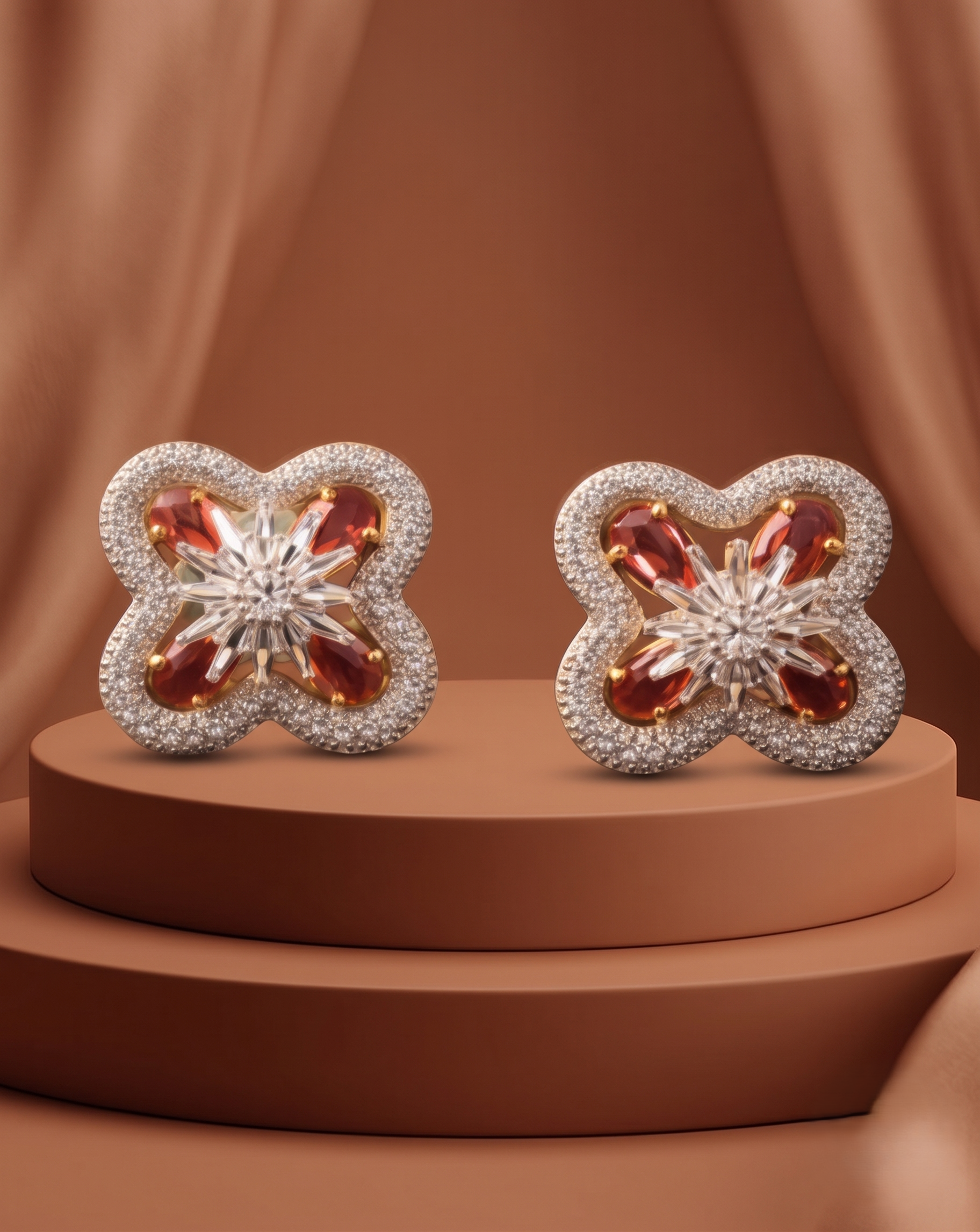 Red Stone Floral Diamond Stud Earrings – Gold Finish