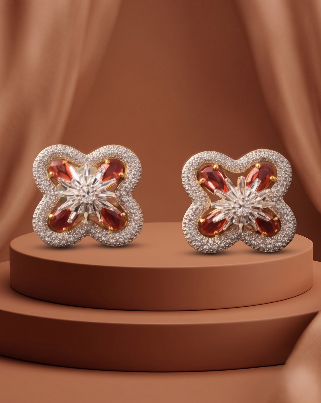 Red Stone Floral Diamond Stud Earrings – Gold Finish