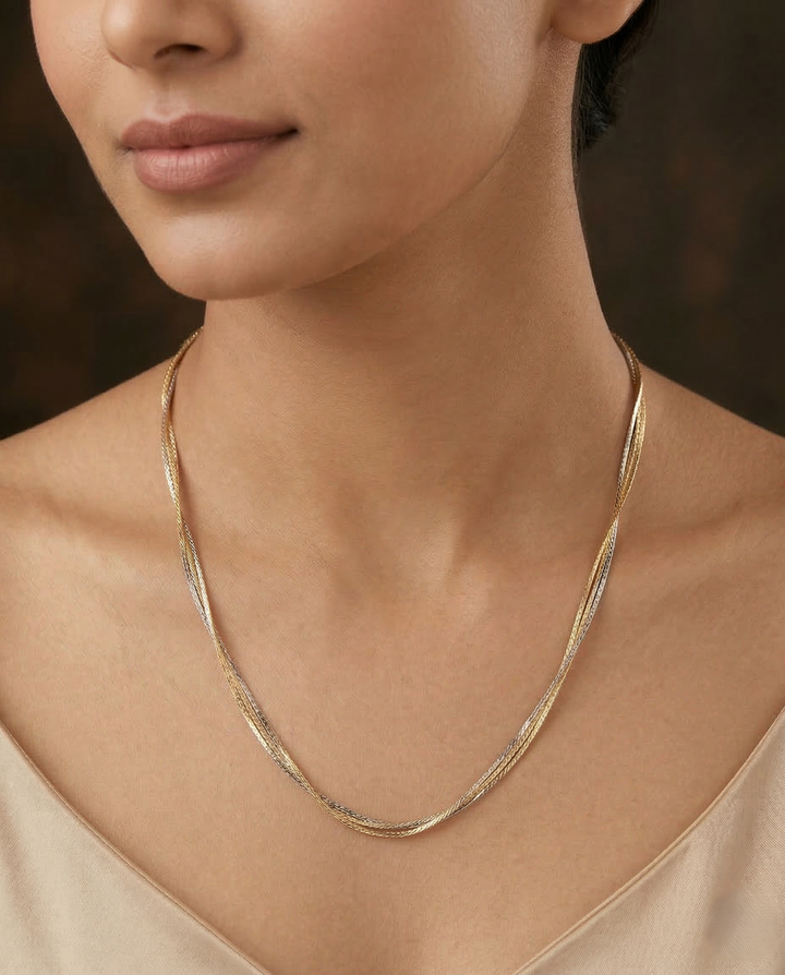 Three Tone Layered Chain Necklace | Gold Silver Rose Braided Long Chain for Women