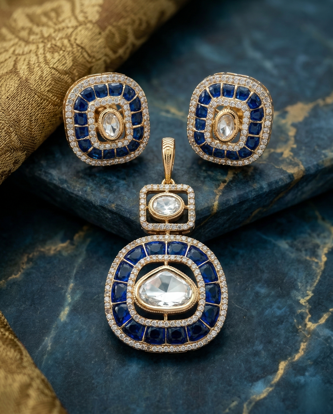 Kundan Pendant Set with Stud Earrings in Ruby, Emerald and Blue Variants