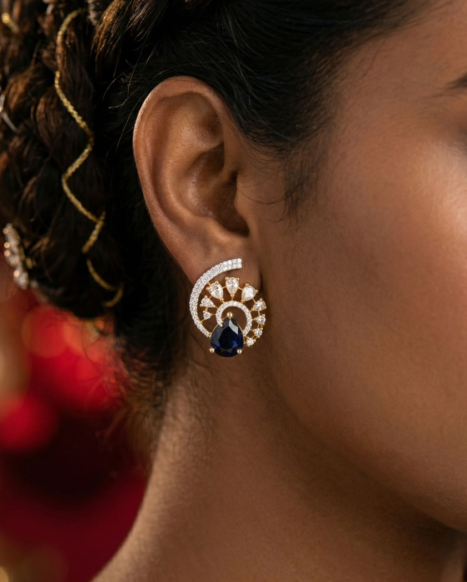 Premium Regal Spiral Drops – Gold Polish Diamond Statement Earrings