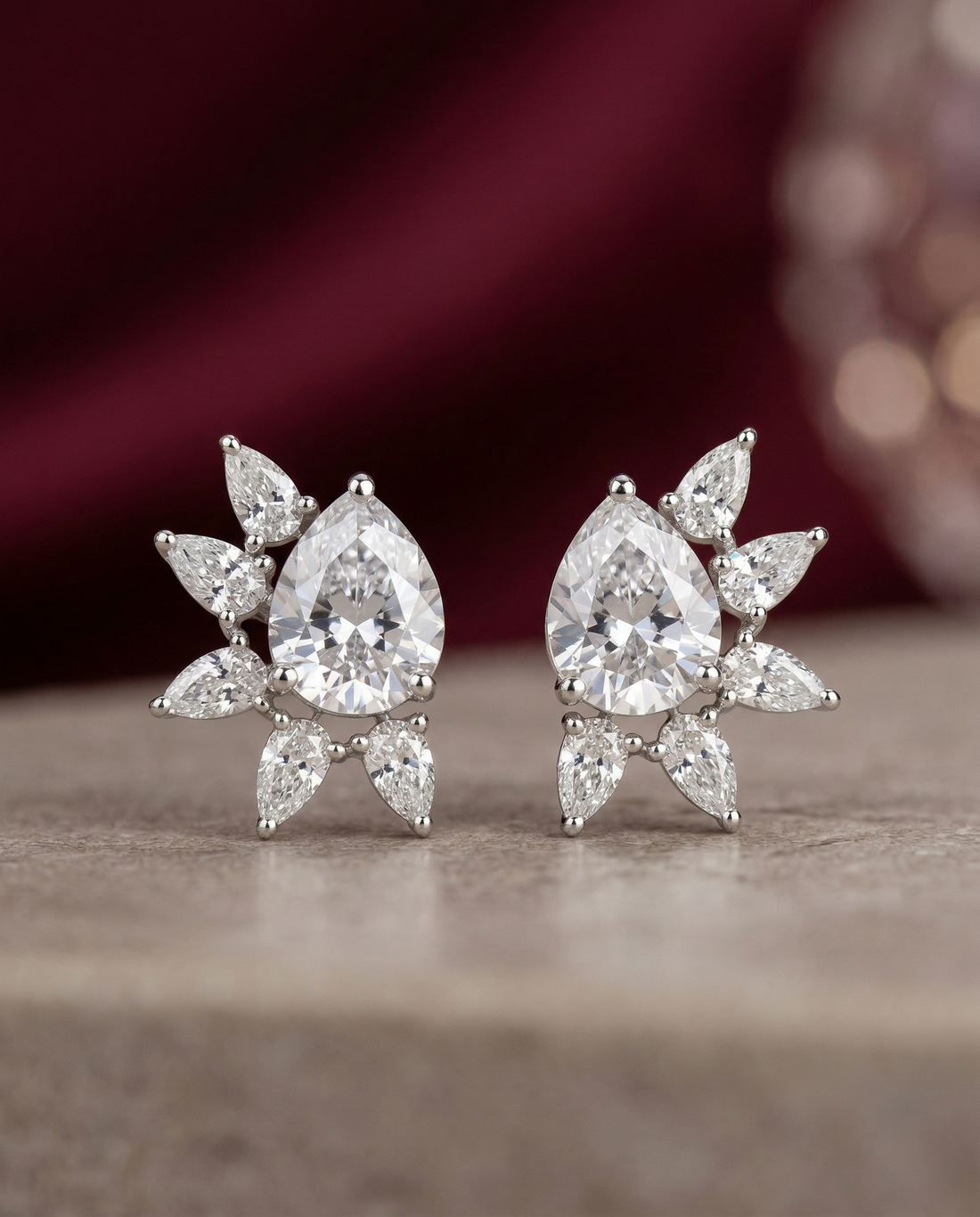 Celestia Bloom Studs – Pear Stone Diamond Floral Earrings (Multi Color Variants) - Silver Plated