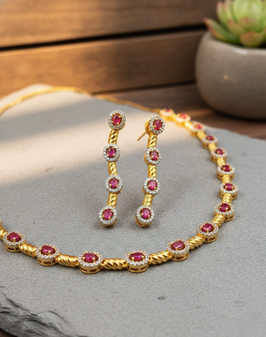 Ruby Red Stone Diamond Necklace Set with Matching Earrings – Gold Polish