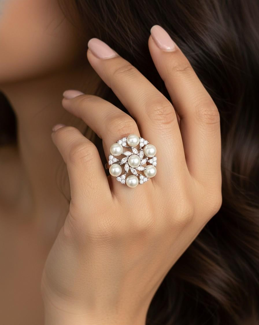 Adjustable Pearl Statement Ring for Women – Gold & Silver Finish
