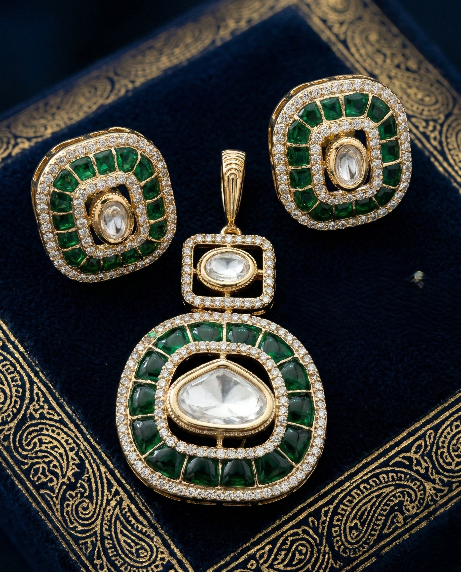 Kundan Pendant Set with Stud Earrings in Ruby, Emerald and Blue Variants