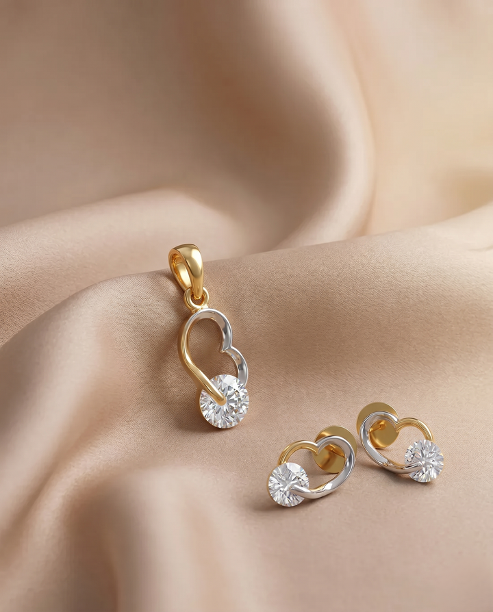 Premium Dual Tone Heart Diamond Pendant with Chain & Matching Earrings