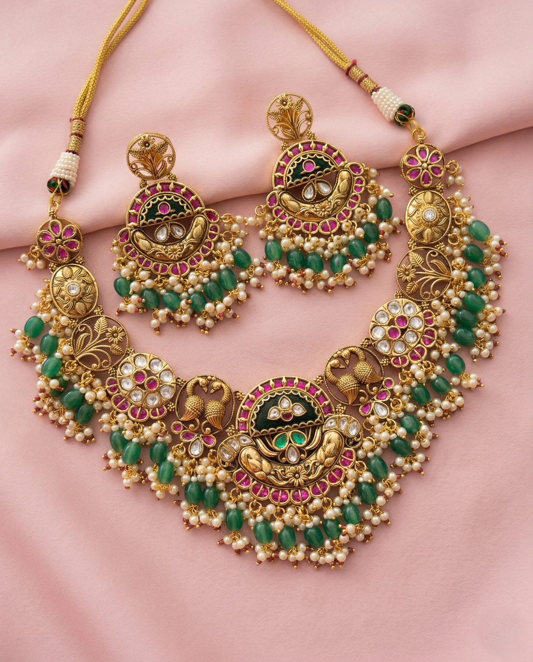 Traditional Gold Finish Temple Necklace Set with Green Beads & Kundan Work