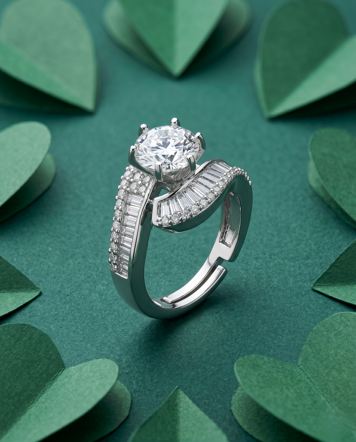 Royal Curve Diamond White Stone Silver Plated Adjustable Ring