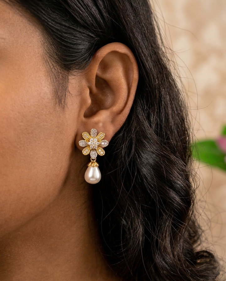 Premium Gold Plated Pearl Drop Earrings with Floral Design for Women