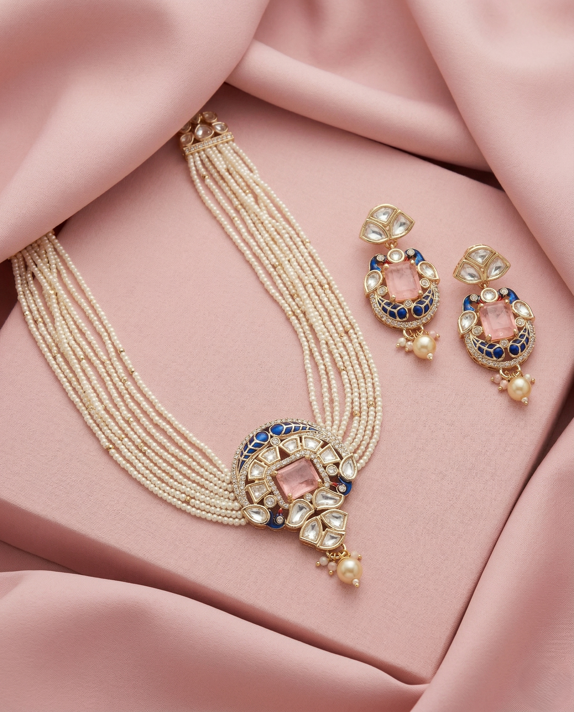 Real Gold Tone Kundan Pearl Choker Necklace Set with Pink Stone and Blue Detailing with Earrings