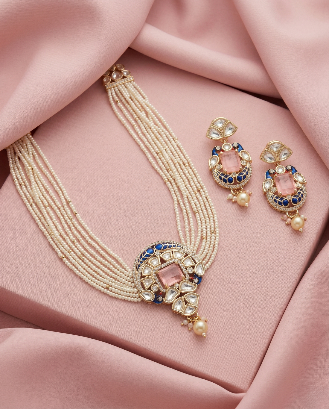 Real Gold Tone Kundan Pearl Choker Necklace Set with Pink Stone and Blue Detailing with Earrings