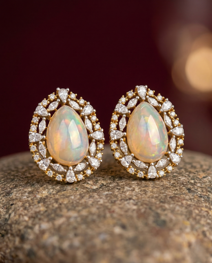 Aurielle Glow Studs – Oval Opal Stone Diamond Halo Earrings in Gold Finish