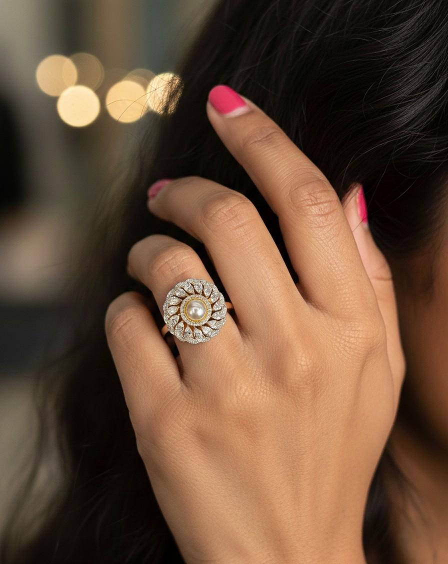 Pearl Halo Diamond Finish Adjustable Ring for Women