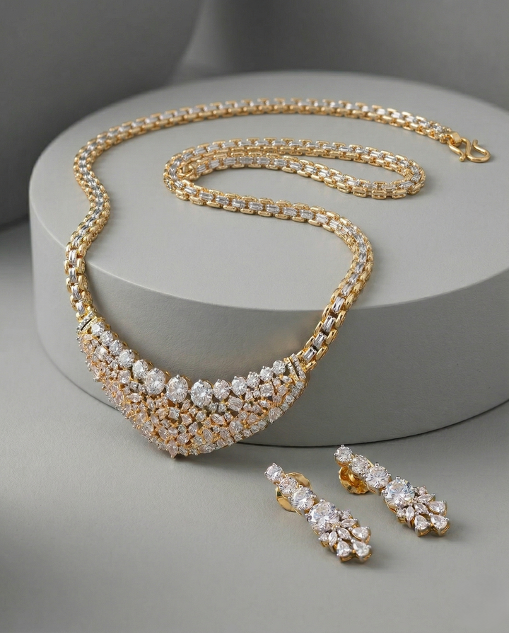 Gold-Tone Diamond-Style Necklace Set with Matching Earrings