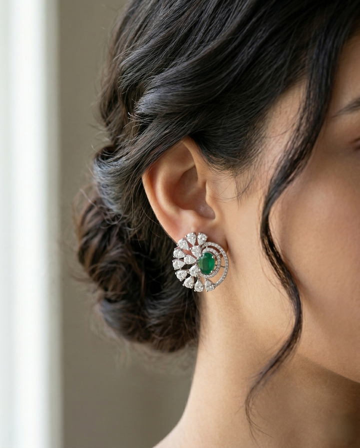 Premium Royal Spiral Bloom Earrings – White Polish Diamond Statement Design