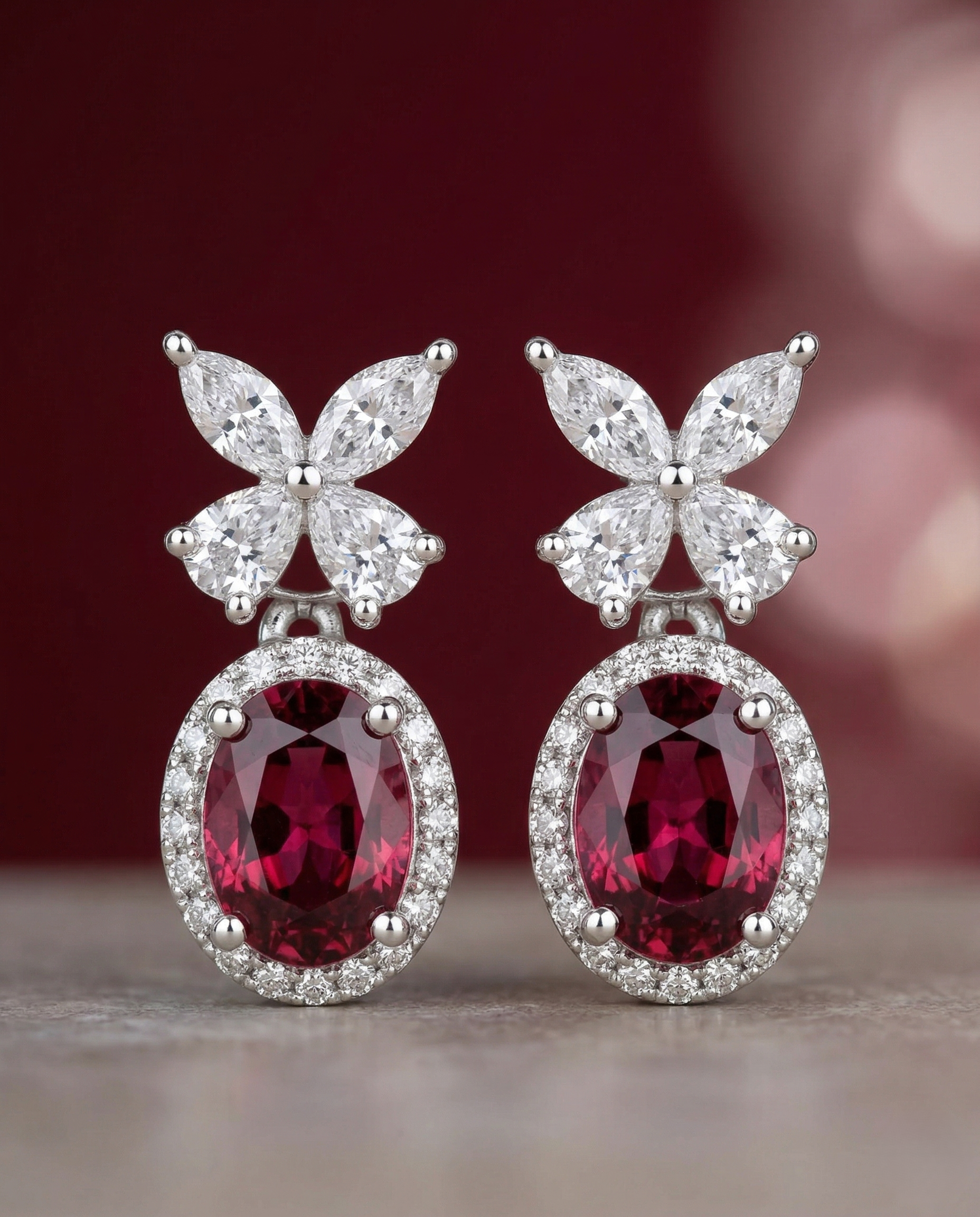 Veloura Bloom Drops – Floral Diamond Oval Earrings in Ruby, Black, White & Green