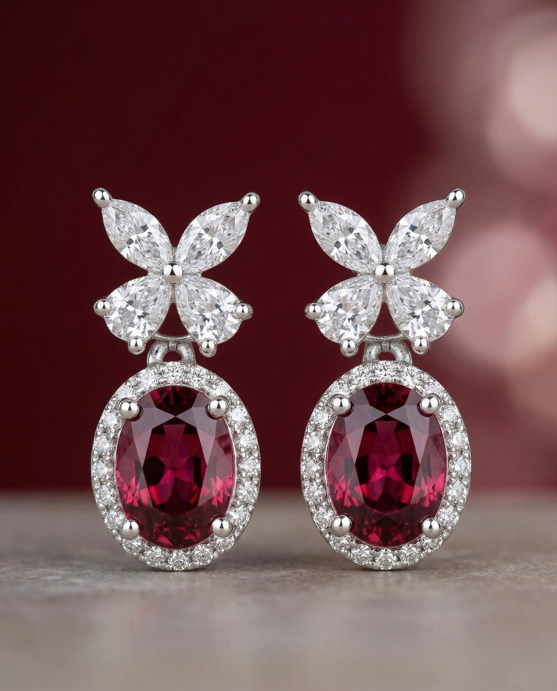 Veloura Bloom Drops – Floral Diamond Oval Earrings in Ruby, Black, White & Green