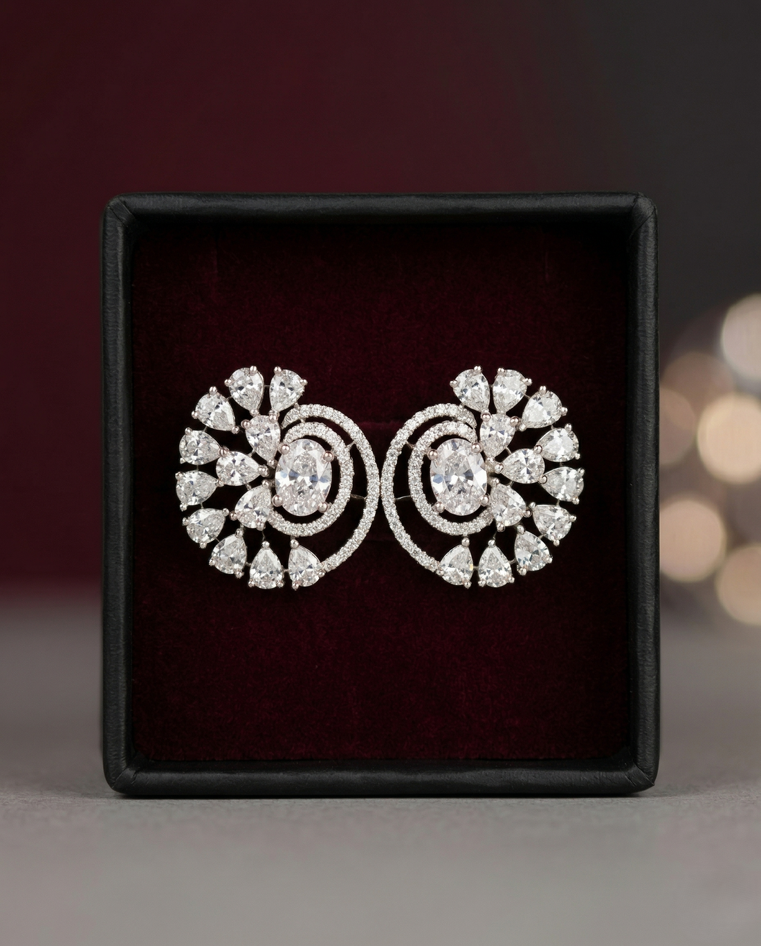 Premium Royal Spiral Bloom Earrings – White Polish Diamond Statement Design
