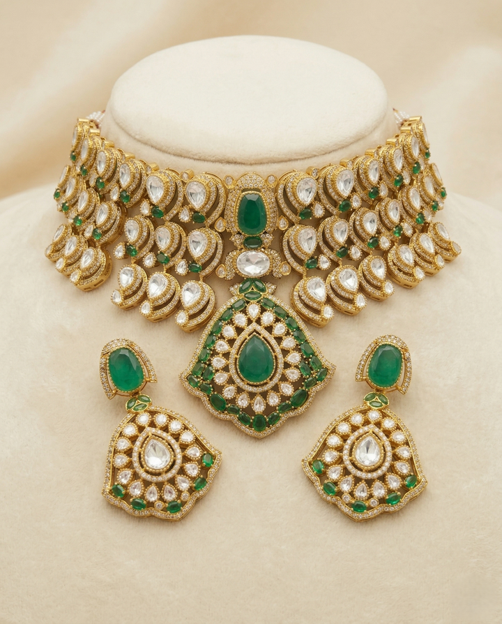 Premium Emerald Green and Ruby Red Bridal Polki Choker Necklace Set with Earrings