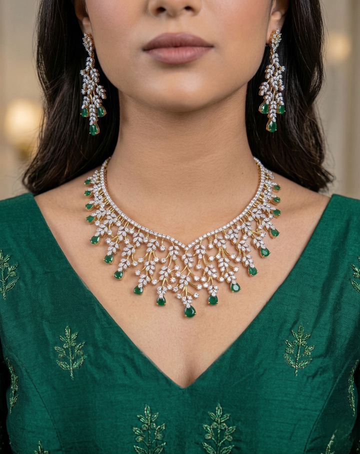Gold Polish American Diamond Green Stone Leaf Design Necklace Set