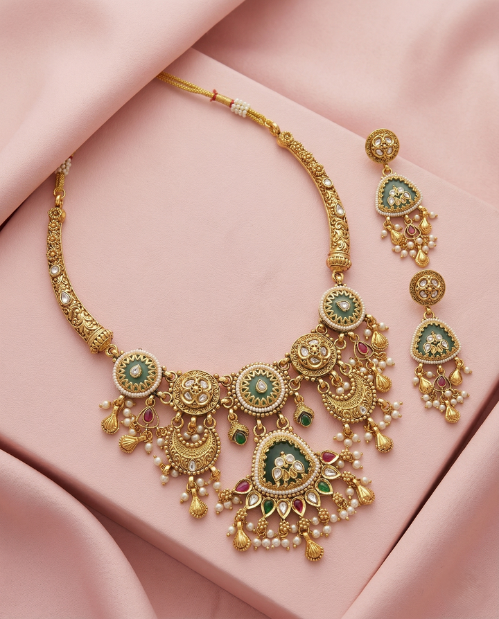Premium Gold Plated Antique Kundan Necklace Set with Green Stone and Pearl Drops