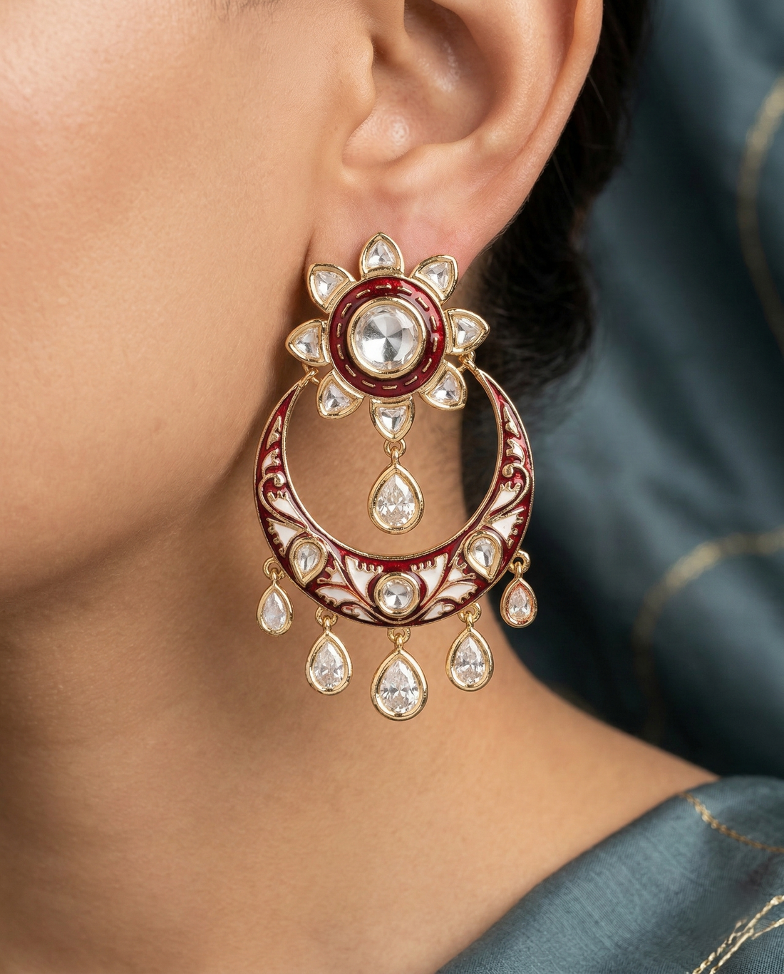 Premium Kundan Meenakari Chandbali Earrings Green Red Blue Gold Finish