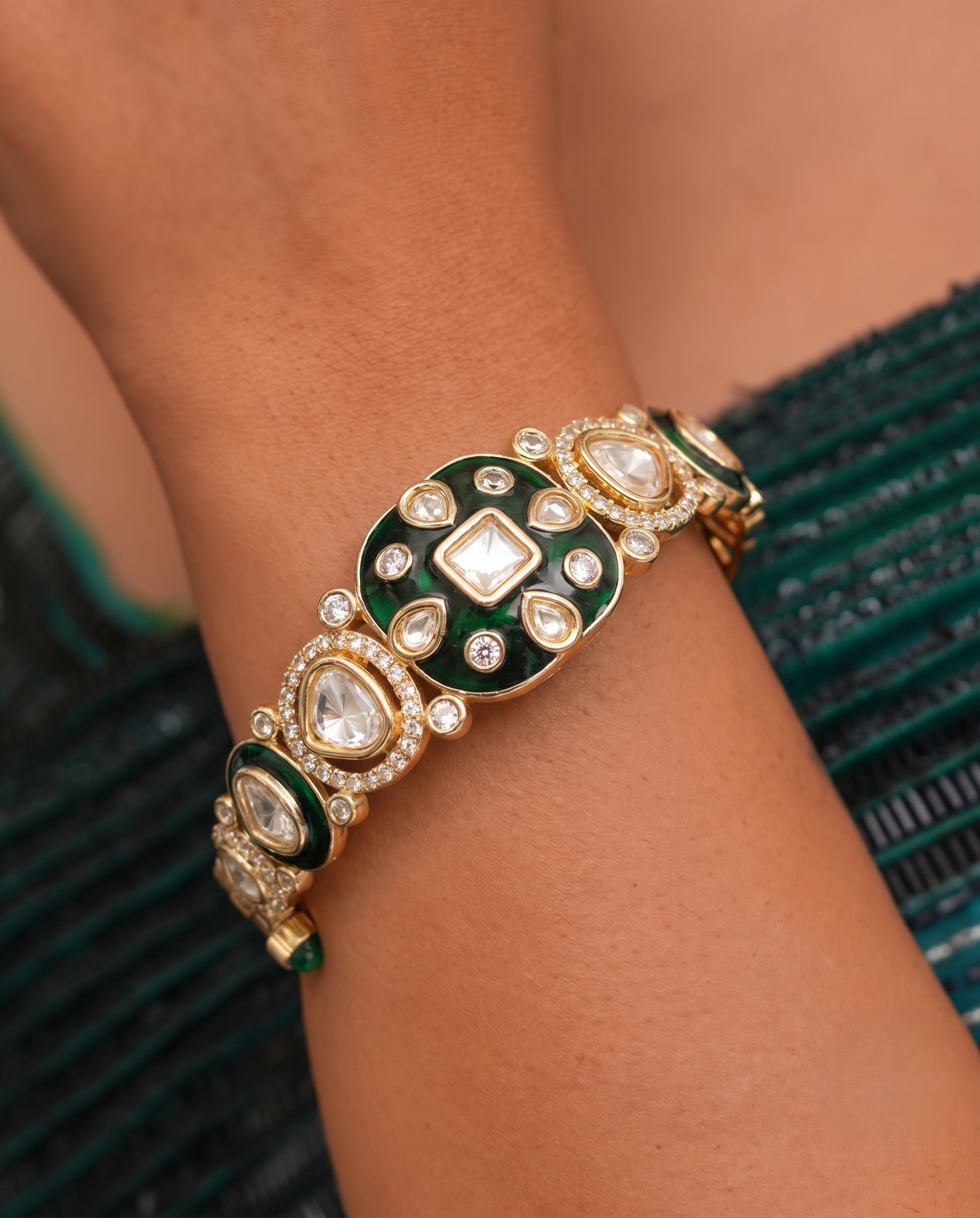 Royal Meenakari Kundan Openable Gold Plated Bracelet in Emerald & Royal Blue Finish (2.4 & 2.6 Fit)