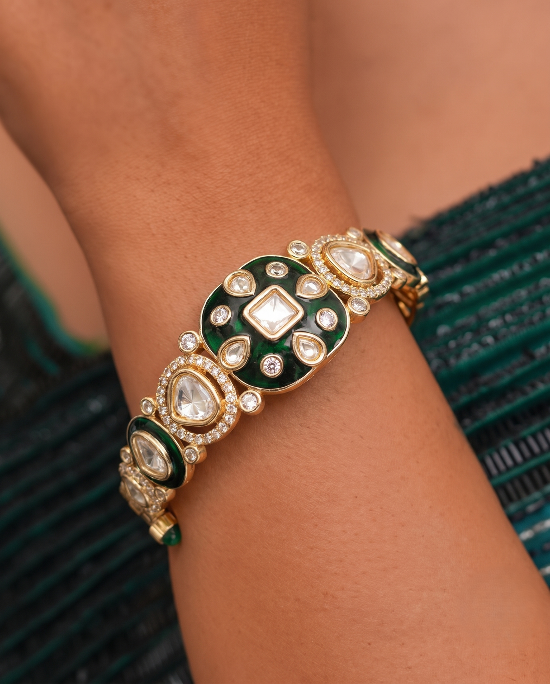 Royal Meenakari Kundan Openable Gold Plated Bracelet in Emerald & Royal Blue Finish (2.4 & 2.6 Fit)