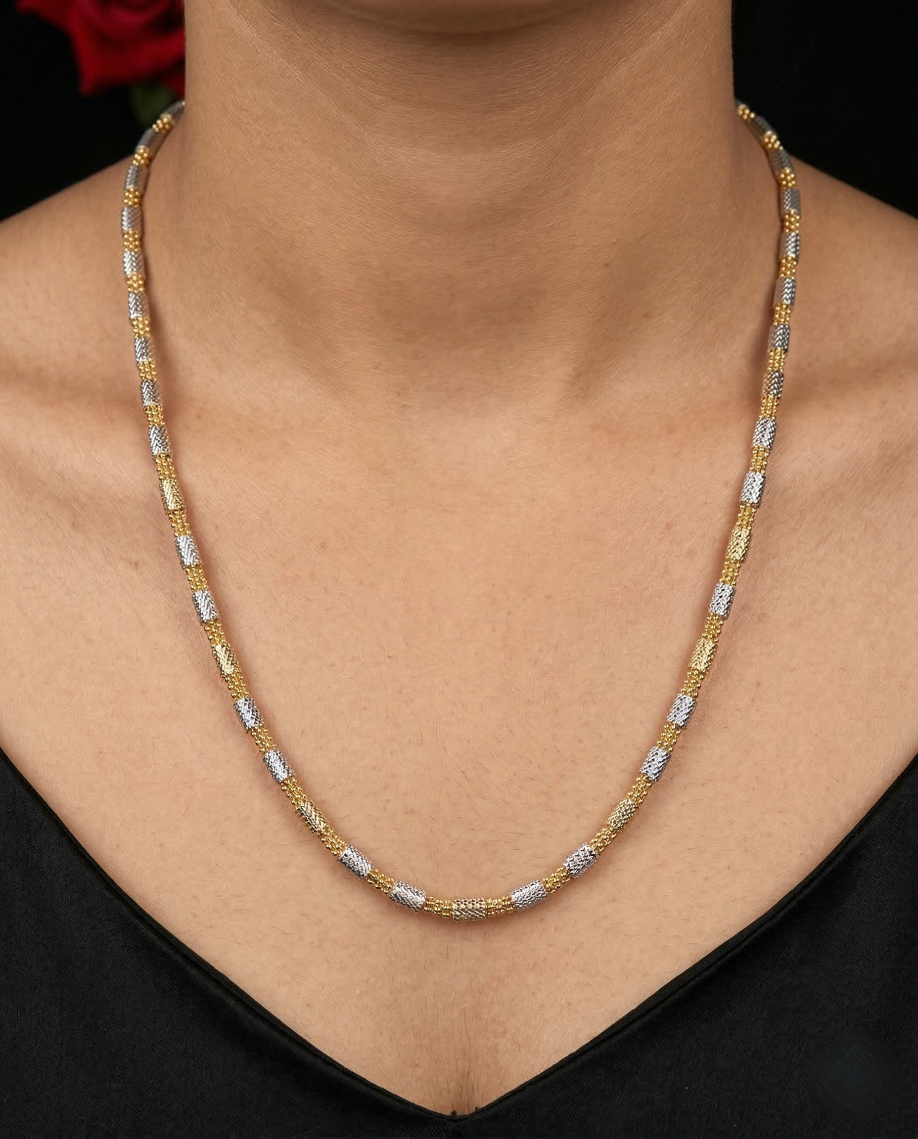 Two Tone Diamond Cut Bead Chain Necklace | Gold Silver Cylindrical Long Chain for Women