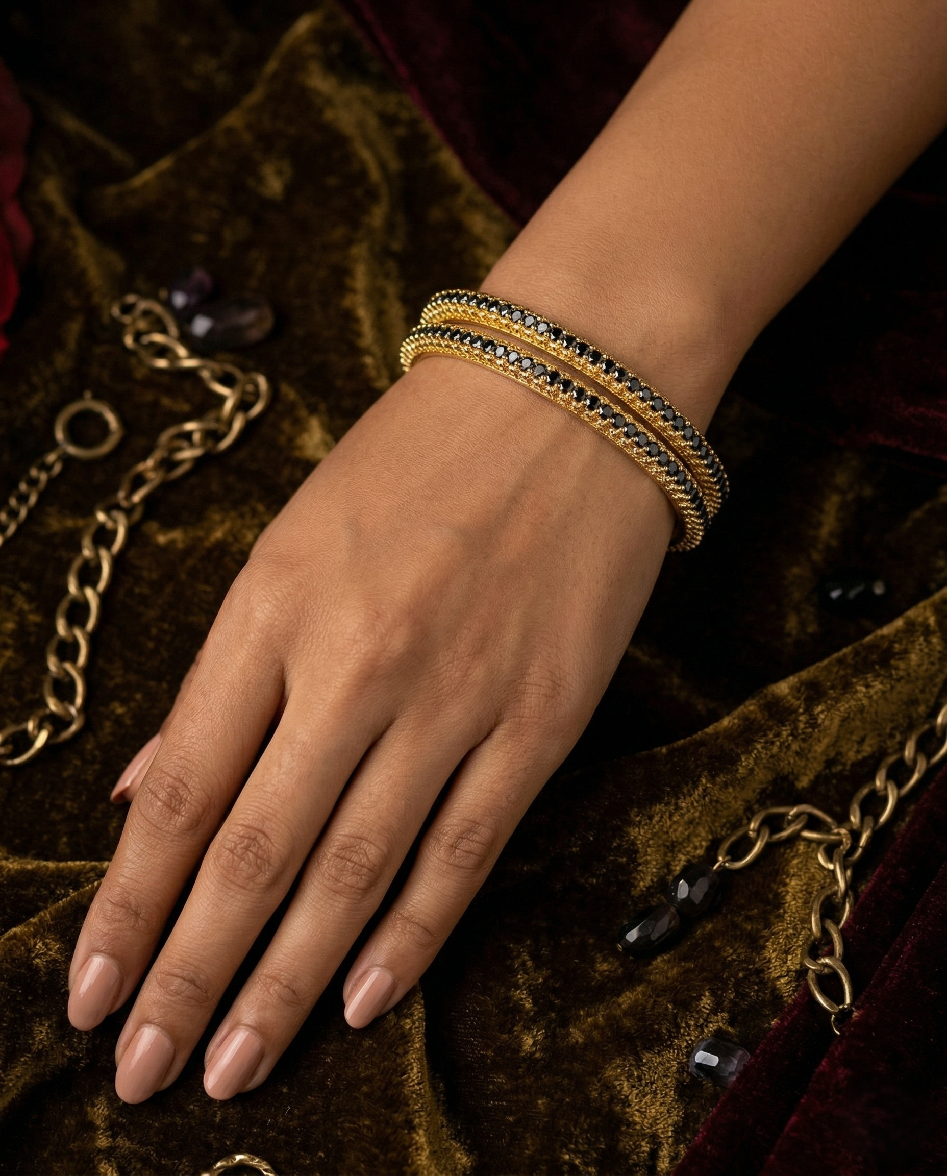 Sapphire Stone Bangles Pair Gold Tone Slim Design