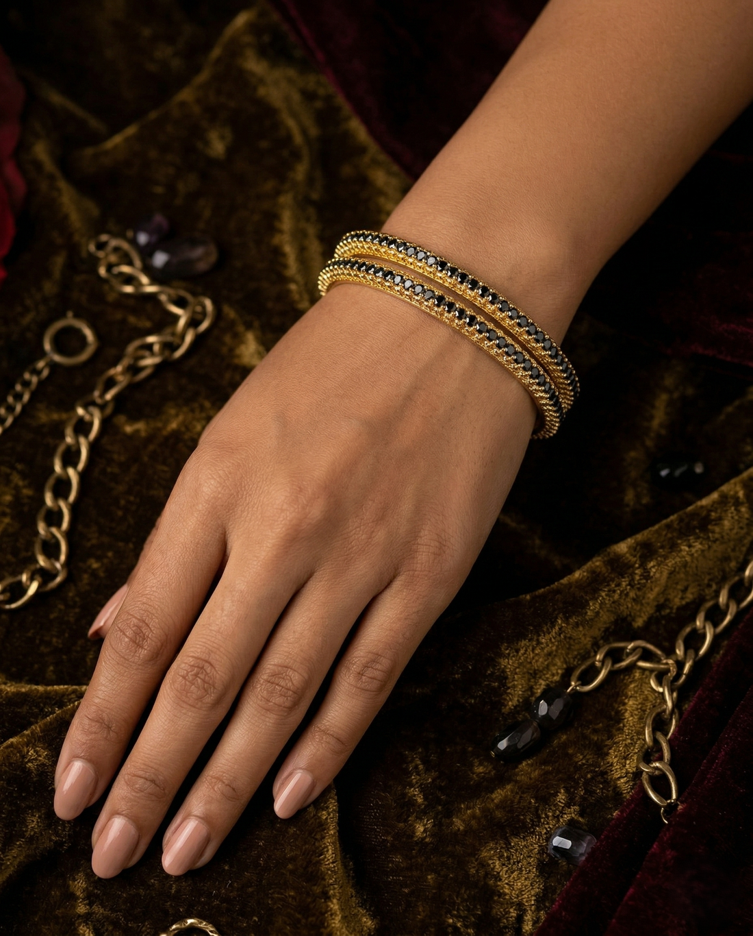 Sapphire Stone Bangles Pair Gold Tone Slim Design