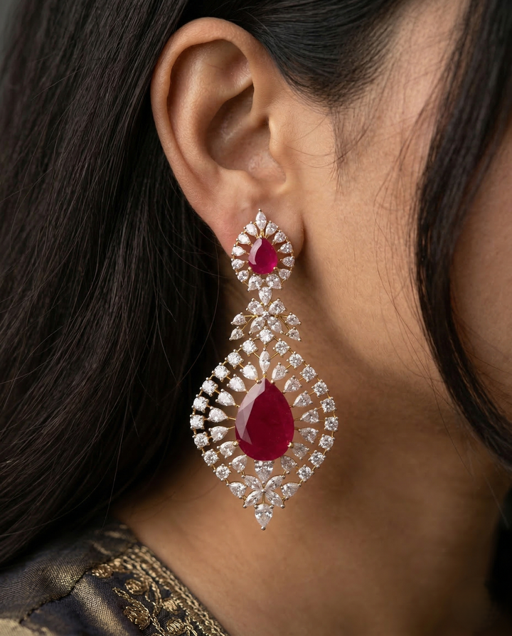 Stylish Ruby Red Drop Earrings Premium Gold Plated Stone Work for Women